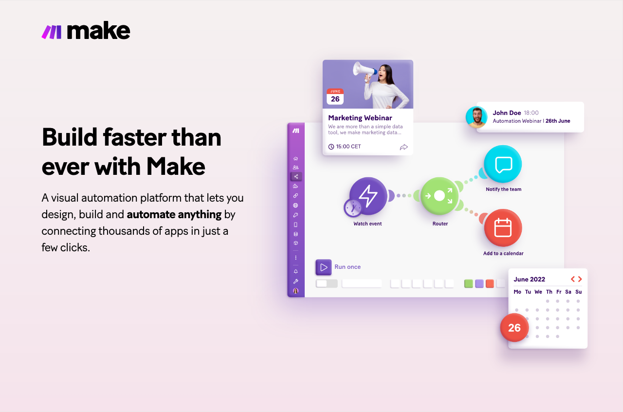 Build faster than ever with Make: A visual automation platform that lets you design, build and automate anything by connecting thousands of apps in just a few clicks.