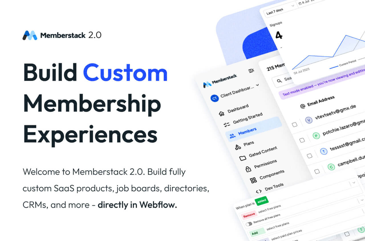Build Custom Membership Experiences. Welcome to Memberstack 2.0. Build fully custom SaaS products, job boards, directories, CRMs, and more - directly in Webflow.