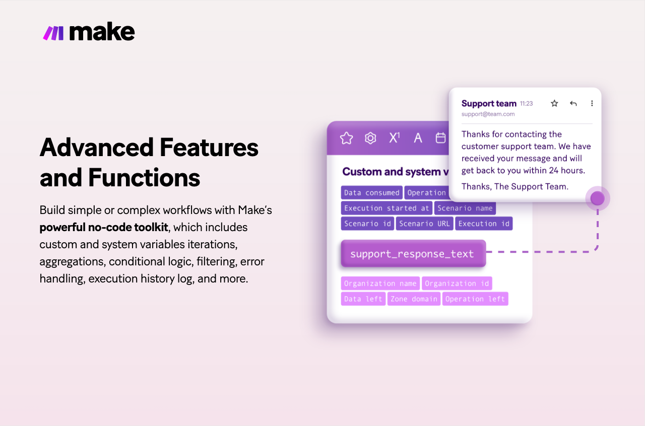 Advanced features and functions: Build simple or complex workflows with Make’s powerful no-code toolkit, which includes iterations, aggregations, conditional logic, filtering, error handling, execution history log, and more.