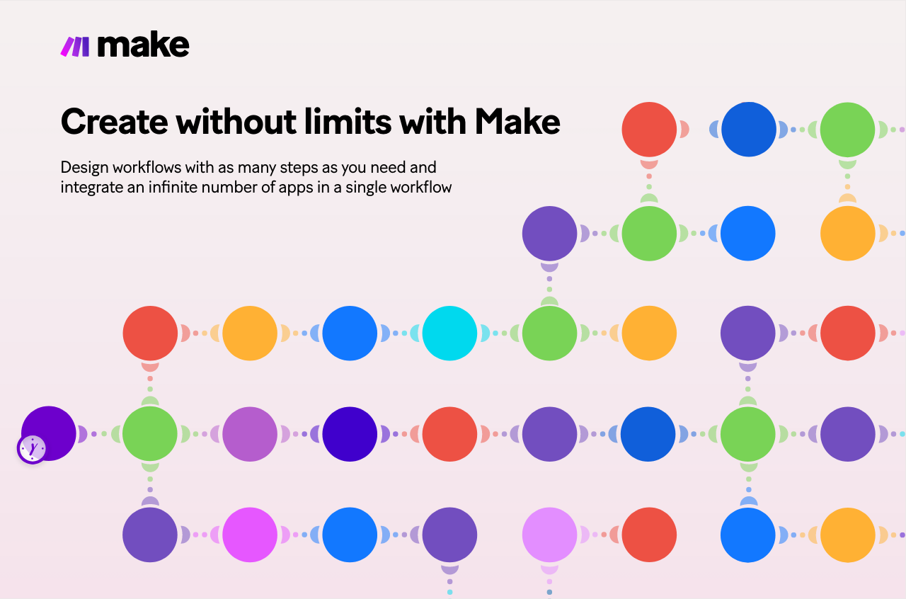 Create without limits with Make: Design workflows with as many steps as you need and integrate an infinite number of apps in a single workflow.