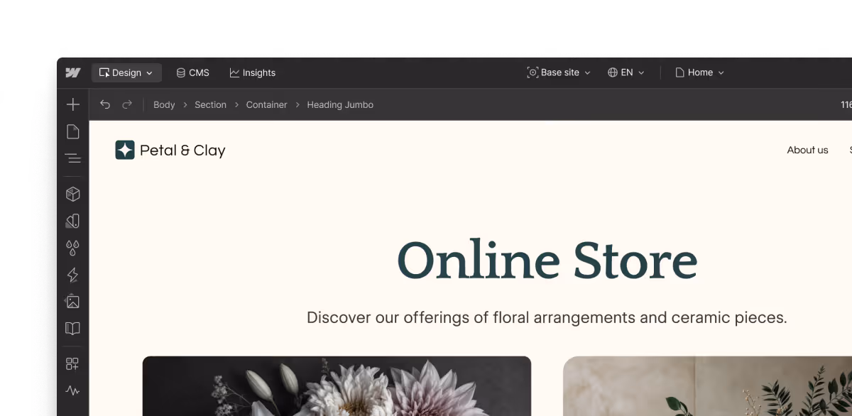 A composite showing the finalized Petal and Clay website in the Webflow Canvas.