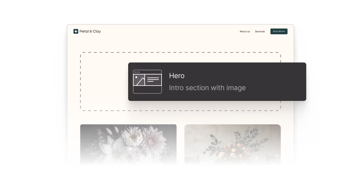 A composite showing the Petal and Clay website with a draggable hero component hovering over the top of the page.