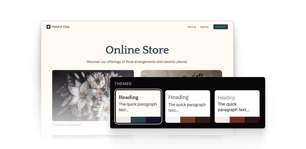A composite showing the Petal and Clay website with three selectable theming modes.