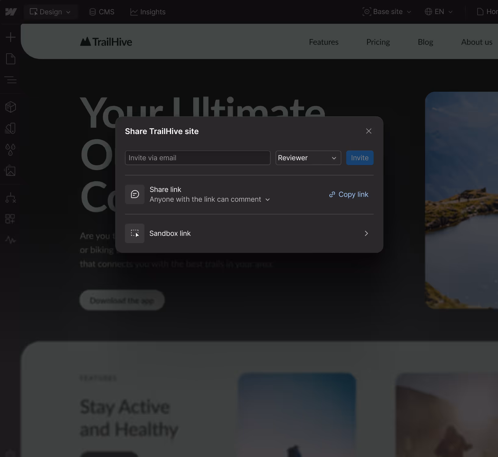 Popup window titled 'Share TrailHive site' with options to invite reviewers via email, share a link with commenting permissions, and access a sandbox link.