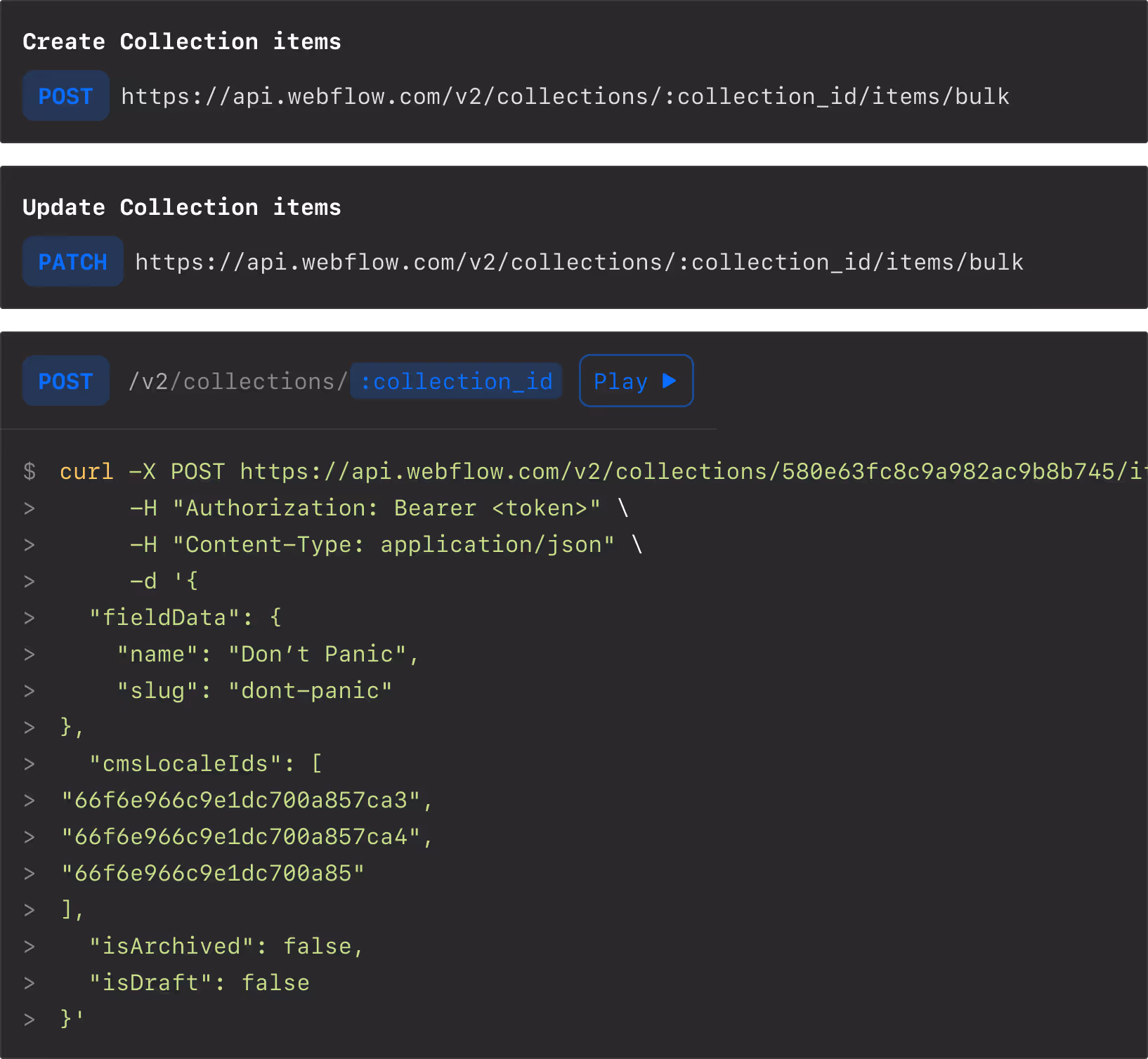 Code snippet showing POST and PATCH API endpoints for creating and updating collection items in Webflow.
