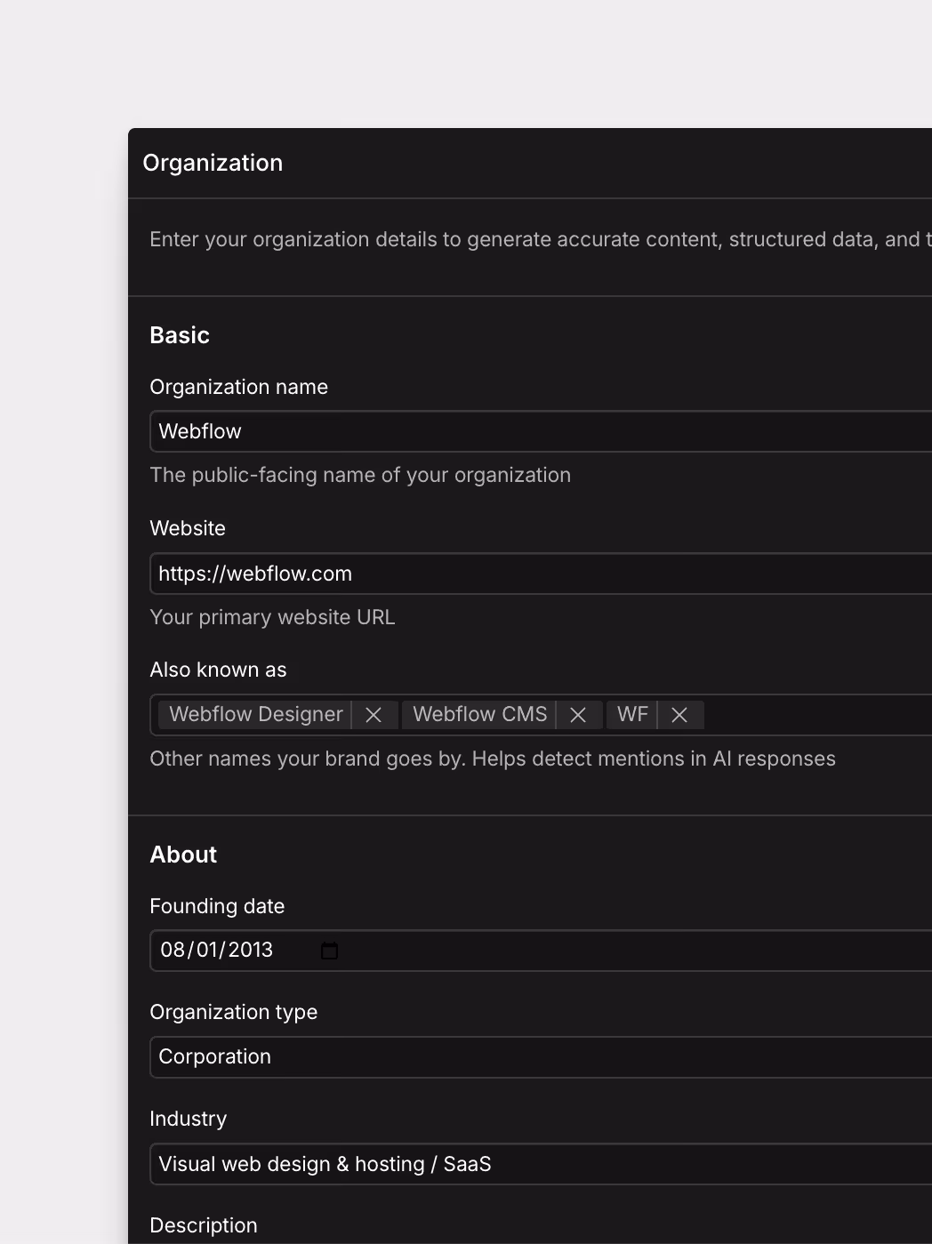 Webflow UI showing brand identity and voice details including brand description, point of view, value propositions, and brand personality.